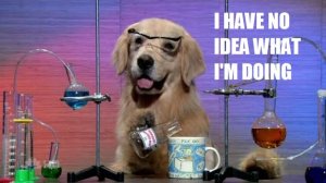A picture of a dog with chemistry equipment, with the text "I have no idea what I'm doing"