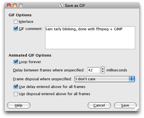 My settings for export from GIMP to a gif for the tarly gif.